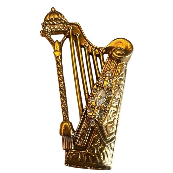 Unbranded Jewelry - Vintage Gold Tone Harp Brooch Ornate Rhinestone Musical Instrument Pin 2 Inch